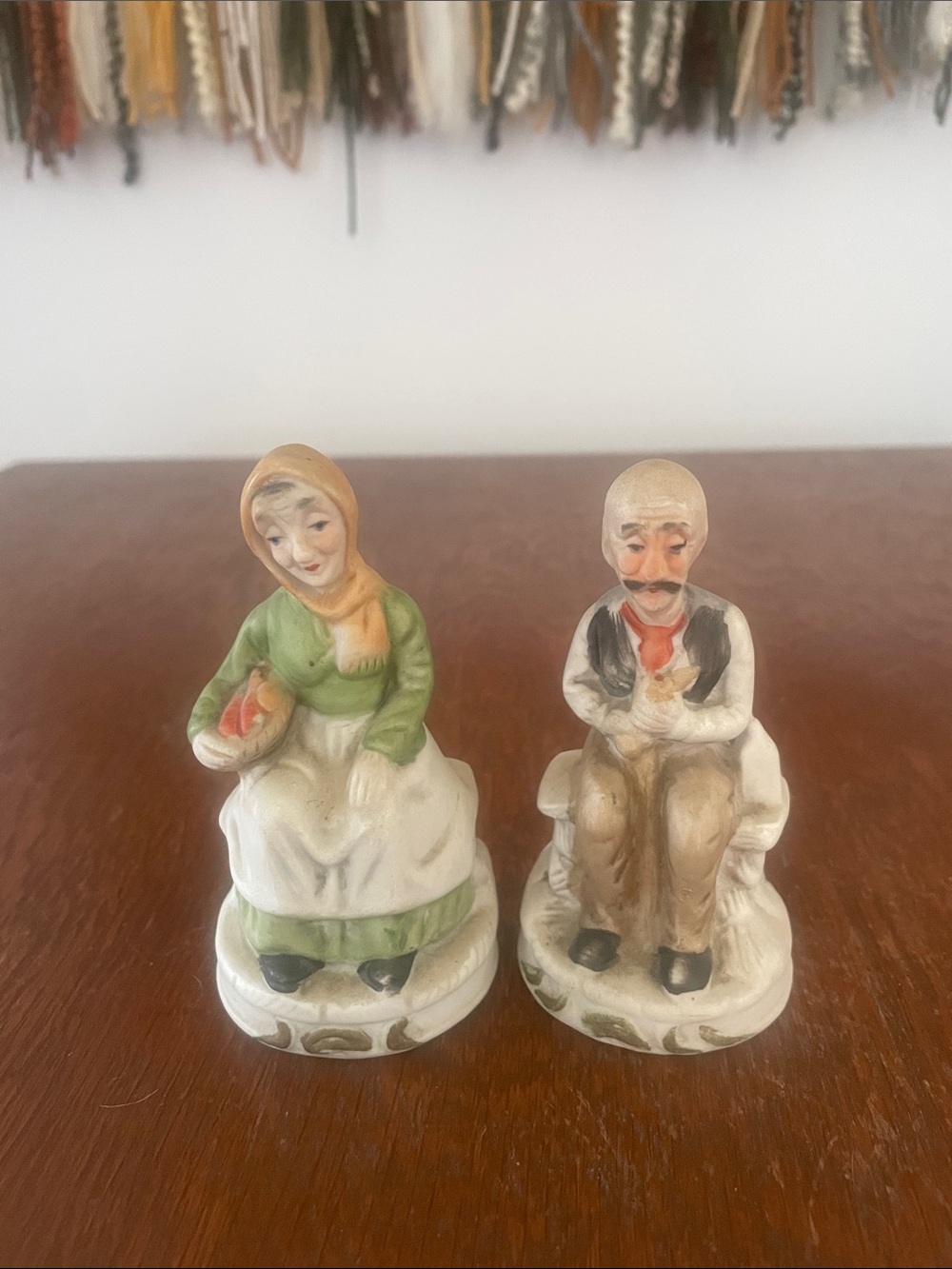 Hand-Painted Vintage Ceramic Couple Figurines — Green, Beige, Cream